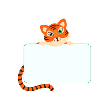 Vector flat illustration of tiger cub with blank sign where you can place your text.
Tiger is the symbol of 2022 Chinese horoscope. It can be used in congratulations, on websites, in print.