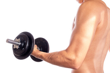 Fototapeta na wymiar Man seen from the back lifting weight with his arm, isolated on white background. Man fitness arm lifting weight.