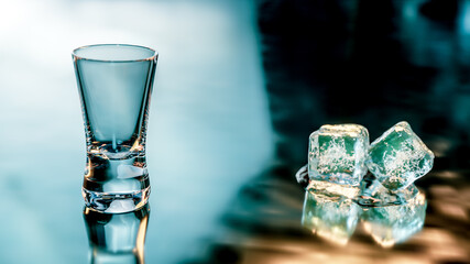 Shoot glass of vodka with ice cubes on reflective ground. 3d rendering,