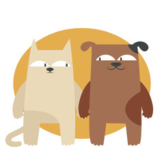 Cat and dog holding paws. Illustration with funny pets