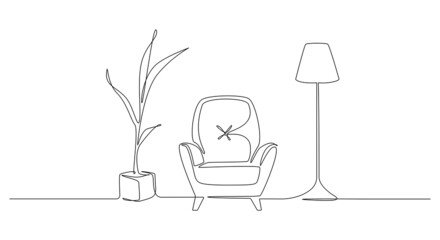 Continuous one line drawing of armchair and lamp and potted plant. Scandinavian stylish furniture in simple Linear style. Doodle vector illustration