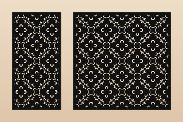 Laser cut pattern set. Vector template with elegant geometric ornament, grid, floral silhouettes. Arabian style design. Stencil for cnc cutting, decorative panels of wood, metal. Aspect ratio 1:2, 1:1