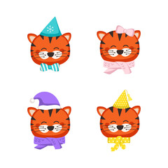 Set of cute tiger in children style with festive decorations for Holiday, New Year and Christmas. Funny animals with caps and bows. Vector flat illustration