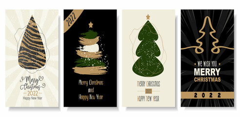 Vector illustration of holiday Christmas and New Year 2022 greeting card with gold Christmas tree and star and calligraphy on black background for text.Invitation card,banner,post design template