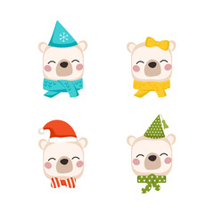 Set of cute polar bear in children style with holiday decorations for New Year and Christmas. Festive funny animals with caps and bows. Vector flat illustration