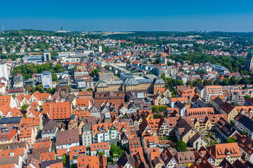 Fototapeta na wymiar Aerial view of downtown Ulm from the cathedral, the tallest church in the world Germany
