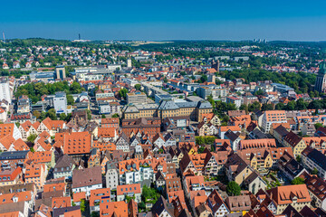 Aerial view of downtown Ulm from the cathedral, the tallest church in the world Germany