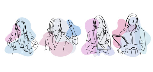 Set of Young Women at Work. Yong modern women characters set. Working, education and shopping concept.  Vector set