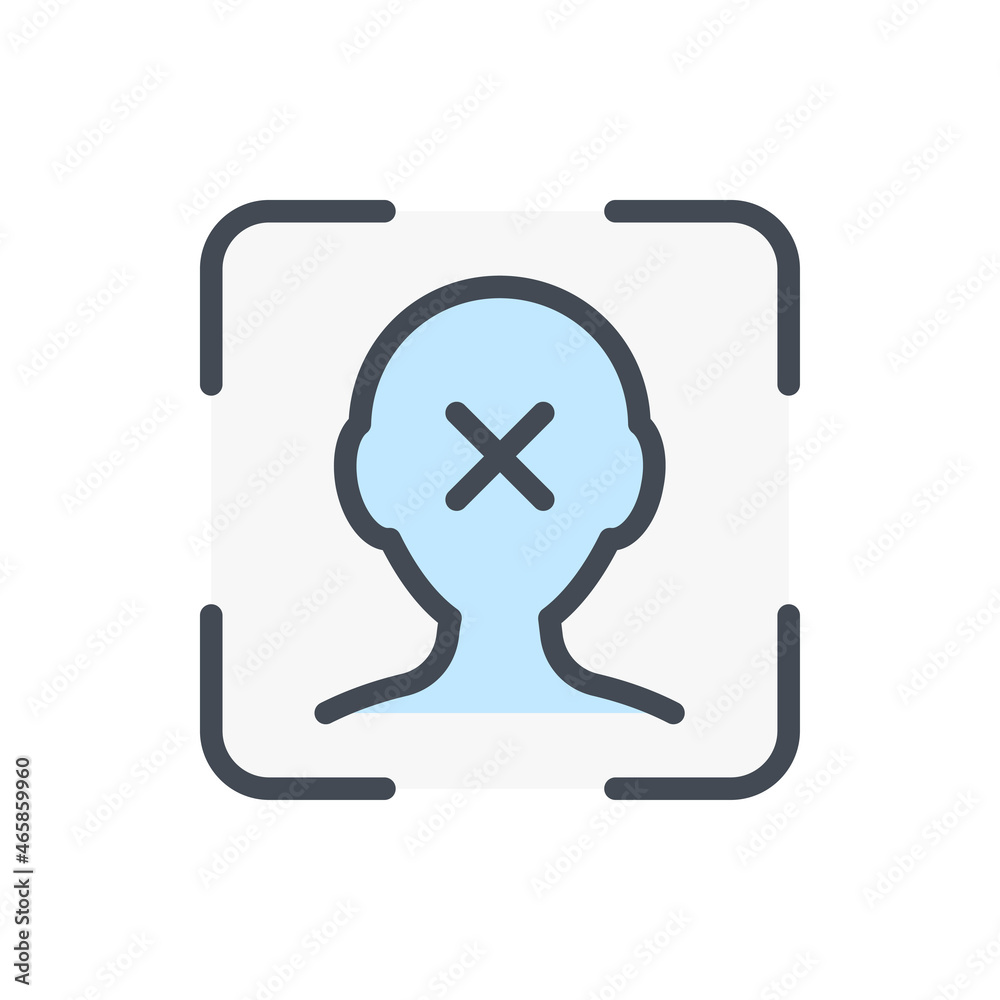 Poster face identification denied color line icon. biometric scan frame and face scanning with cross vector