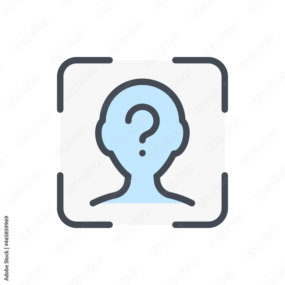 Poster face identification question color line icon. biometric scan frame and face scanning vector outline 