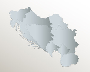 Fototapeta premium Yugoslavia map, administrative division, white blue card paper 3D blank
