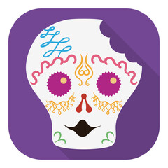 Surprised Mexican sugar skull half bitten inside squared button, Vector illustration