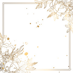 Golden square frame with cotton branches and flowers. White background. Vector illustration.