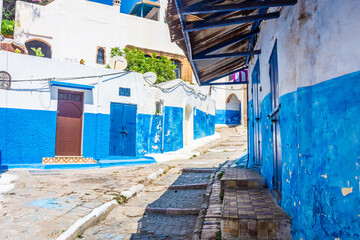 Fototapeta na wymiar Blue and white street in the medina of Rabat, Morocco
