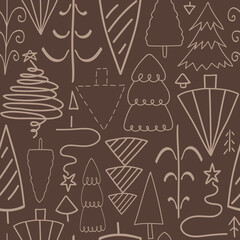 Christmas doodle tree, seamless pattern. Vector winter background.