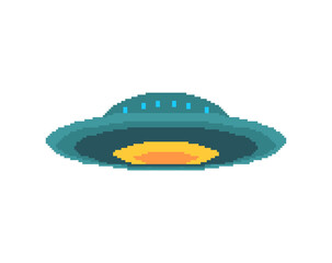 UFO pixel art. pixelated Flying Saucer isolated. 8 bit unknown flying object vector illustration