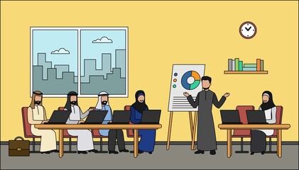 Arabic Business Characters Vector Illustration- office meeting situation