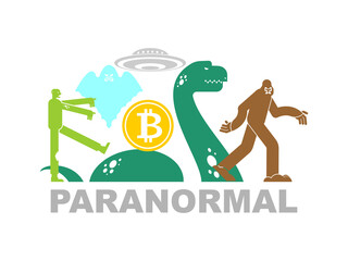 Paranormal object Concept. Bitcoin and zombies. UFO and Yeti. Loch Ness monster and ghost. electronic currency vector illustration