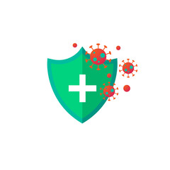 Fototapeta premium Vaccination concept. Immunization campaign. Vaccine shot. Health care and protection. Syringe with a vaccine bottle protection shield and virus. Medical treatment. Flat vector illustration.