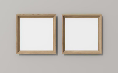 Wooden frames on grey wall. 3D render wooden frame mock up. Empty interior. 3D illustrations. 3D design interior. Template for business. White canvas. Shadow on the wall. Place for your text.	