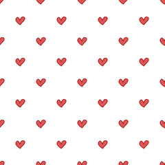 Seamless pattern. Doodle style hand drawn. Nature, animals and elements. Red hearts on a white background.