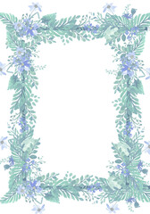 Pale leaves and flowers - botanical design banner. Floral pastel watercolor border frame