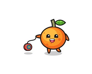 cartoon of cute mandarin orange playing a yoyo
