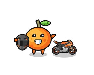 cute mandarin orange cartoon as a motorcycle racer
