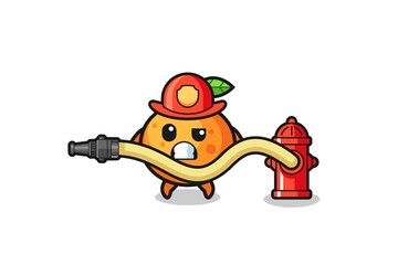 mandarin orange cartoon as firefighter mascot with water hose