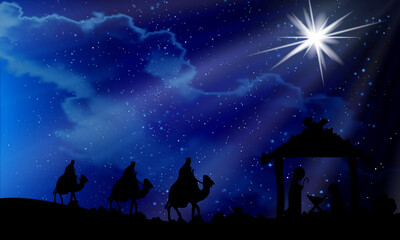 The three wise men jesus maria joseph on christmas night, art video illustration. - obrazy, fototapety, plakaty