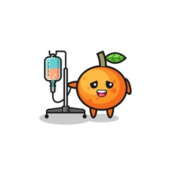 cute mandarin orange character standing with infusion pole