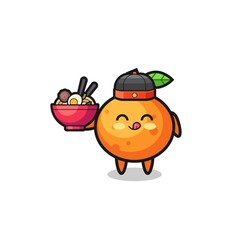 mandarin orange as Chinese chef mascot holding a noodle bowl