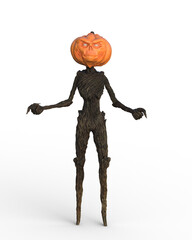3D rendering of a fantasy Halloween scarecrow with pumpkin head isolated on a white background.