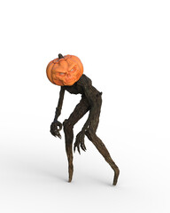 3D rendering of a fantasy Halloween scarecrow with pumpkin head creeping isolated on a white background.