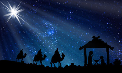 Fototapeta premium Wise men and jesus on a starry christmas night, art video illustration.