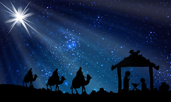 Wise men and jesus on a starry christmas night, art video illustration.