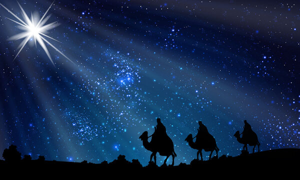 Wise men on a starry night, art video illustration.