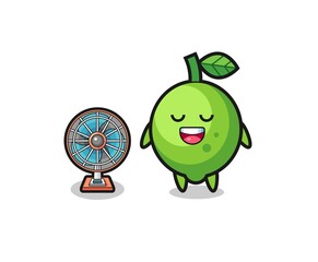 cute lime is standing in front of the fan