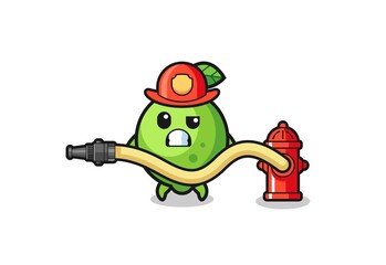 lime cartoon as firefighter mascot with water hose
