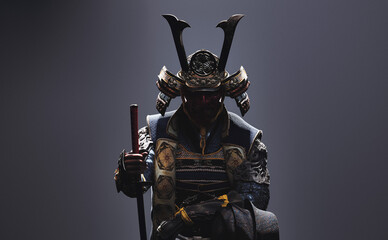3D illustration of the upper body of a samurai wearing Japanese armor, holding a sword, and facing forward. - obrazy, fototapety, plakaty