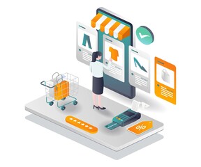 The concept of isometric illustration a woman is choosing a shopping item in the app