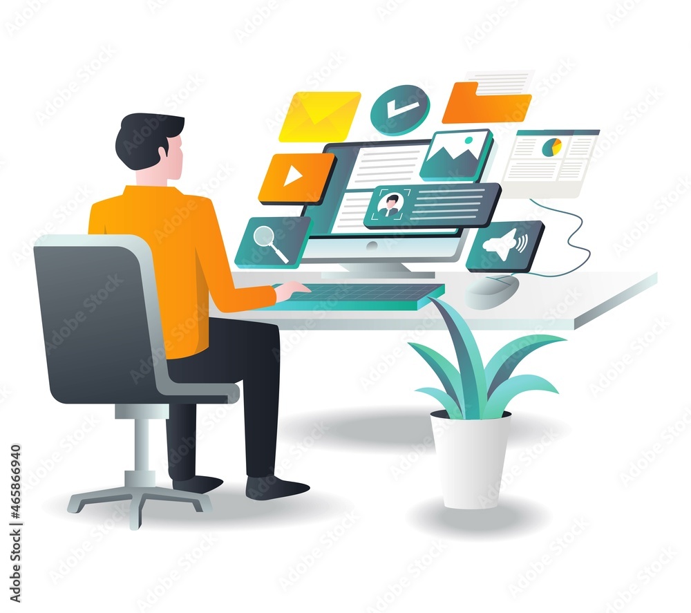 Poster Man working with computer with app in isometric illustration