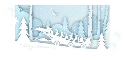 Merry christmas card of santa claus sleigh with reindeer in snowy forest. Greeting postcard in paper cut craft style. Vector hand drawn illustration