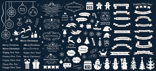 Merry Christmas. Happy New Year. Calligraphy design elements . Decorative swirls or scrolls, icons, vintage frames , flourishes, labels and dividers. Retro vector illustration