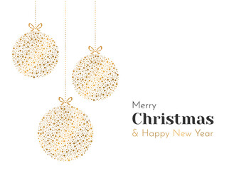 Christmas and New Year background. Minimalism greeting card. Three gold christmas ornaments.