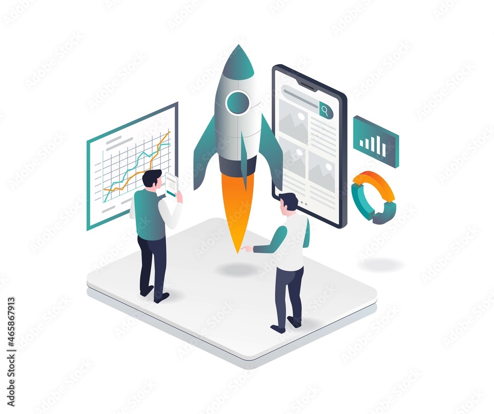 Aufkleber launching a new app product in isometric design