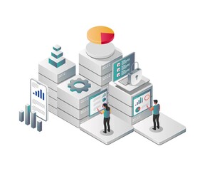 Isometric illustration concept. data analyst security and app platform