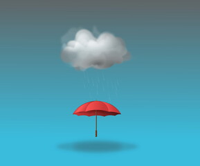 A red umbrella floating and a dark cloud above in a blue background