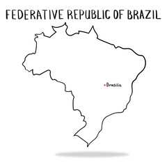 Hand drawn country map Federative Republic of Brazil with capital brasilia