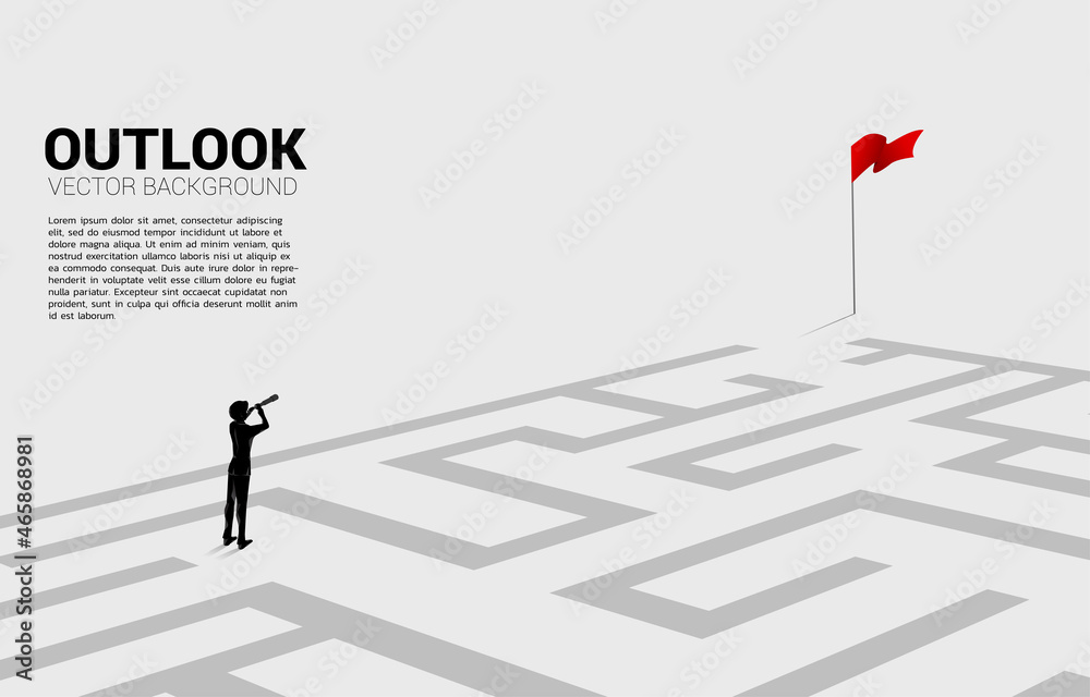 Poster silhouette of businessman look in telescope enter to maze to red flag. business concept for finding 